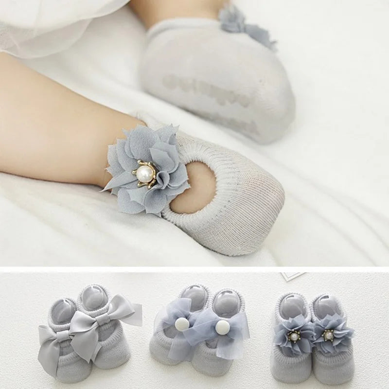3 Pairs/Lot Lace Flower Newborn Baby Socks Cotton Anti-Slip Kids Floor Socks Bow toddler Girl Socks Spring Girls Gift sokken
