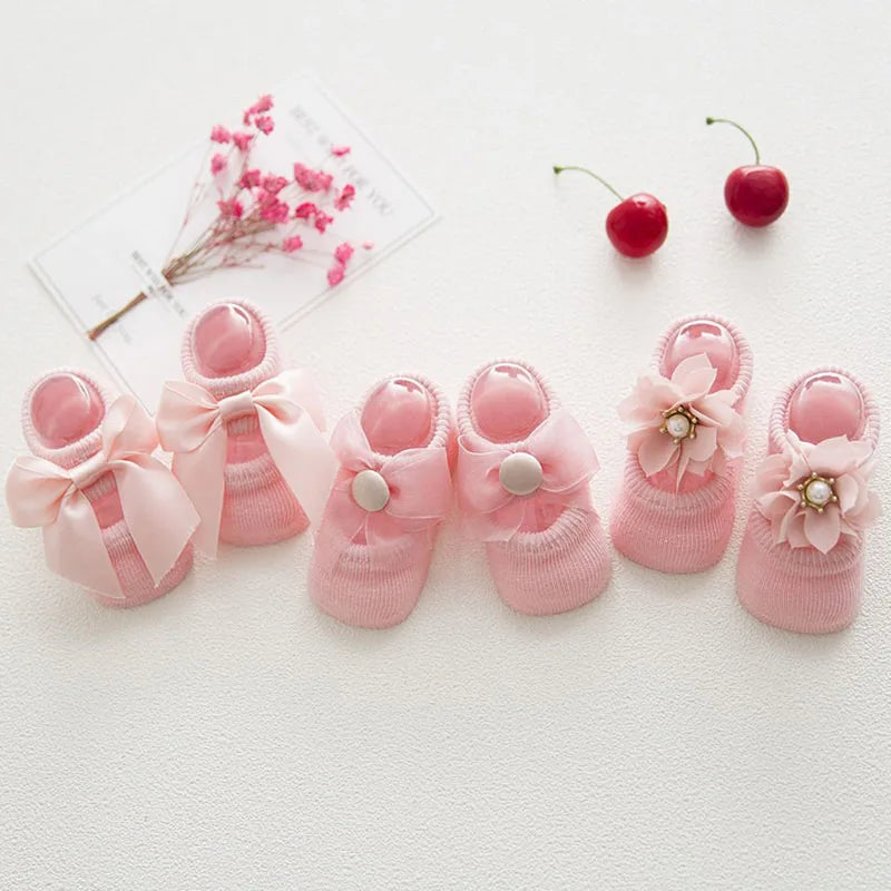 3 Pairs/Lot Lace Flower Newborn Baby Socks Cotton Anti-Slip Kids Floor Socks Bow toddler Girl Socks Spring Girls Gift sokken